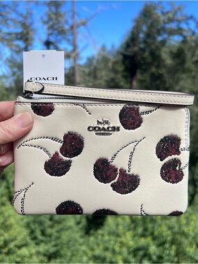 COACH Corner Zip Leather Wristlet With Sequin Cherry Print CDF05 NWT